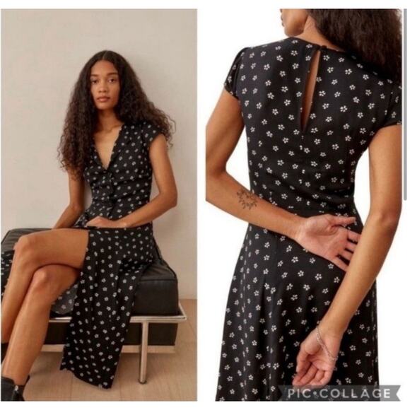 REFORMATION Size 2 Fauna Dress Black Floral Front Button-Up Midi Lightweight i24 - Picture 3 of 9